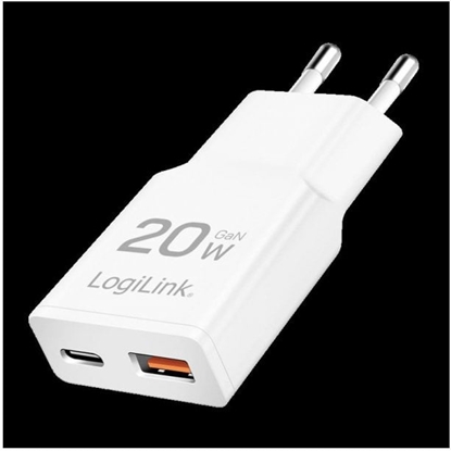 Attēls no LogiLink USB Wall Charger, GaN, 2port, USB-AF & USB-CF, PD 20W, slim, white