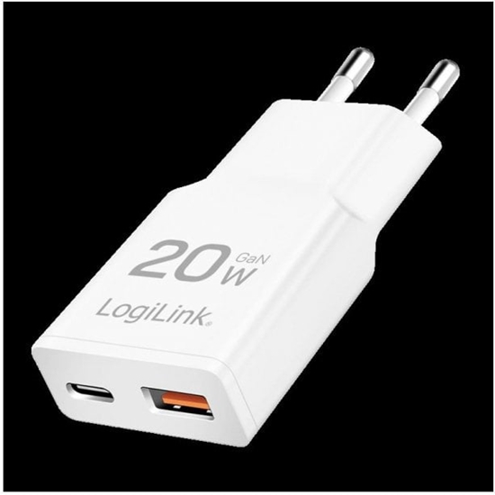 Picture of LogiLink USB Wall Charger, GaN, 2port, USB-AF & USB-CF, PD 20W, slim, white
