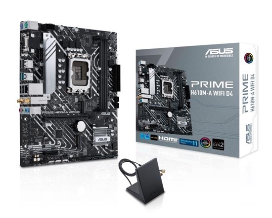 Изображение Mainboard|ASUS|Intel H610|LGA1700|Micro-ATX|Memory DDR4|Memory slots 2|1xPCI-Express 3.0 1x|1xPCI-Express 4.0 16x|2xM.2|1x15pin D-sub|1xHDMI|1xDisplayPort|2xAudio-In|1xAudio-Out|4xUSB 2.0|2xUSB 3.2|2xPS/2|1xRJ45|2xRF-Out|H610M-AWIFID4