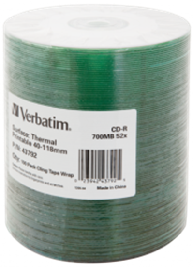 Изображение Matricas CD-R Verbatim 700MB 1x-52X No ID Thermal Printable 100 Pack Wrap Spindle