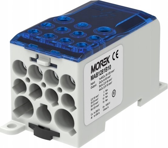 Picture of MOREK Blok dystrybucyjny - rozdzielczy OJL280A niebieski we: 1xAl/Cu 35-120 wy: 2x6-35mm2/5x2,5-16mm2/ 4x2,5-10mm2 1000V MAB1281B10