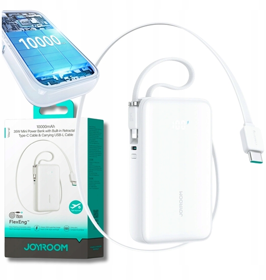 Picture of Powerbank Joyroom JR-PR2L 10000mAh 35W z wbudowanym zwijanym kablem USB-C i kablem-smycz Lightning - biay