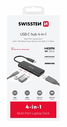Attēls no Swissten 4in1 USB-C Hub Multi-port laptop docking station 100W / HDMI 4K / 2x USB-A