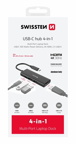 Picture of Swissten 4in1 USB-C Hub Multi-port laptop docking station 100W / HDMI 4K / 2x USB-A