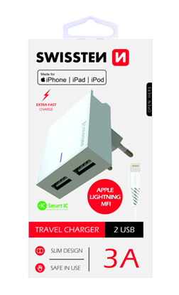 Picture of Swissten MFI Apple Certified Travel Charger USB 3А / 15W With Lightning Cable 1.2m