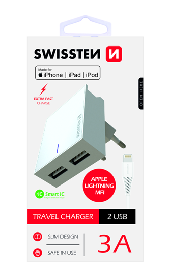Picture of Swissten MFI Apple Certified Travel Charger USB 3А / 15W With Lightning Cable 1.2m