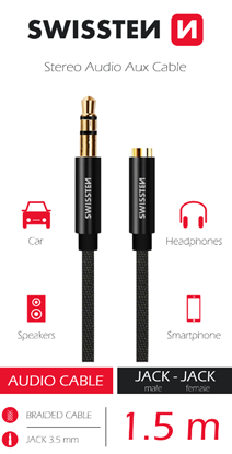 Attēls no Swissten Textile Audio Cable 3,5 mm (male) / 3,5 mm (female) / 1.5m