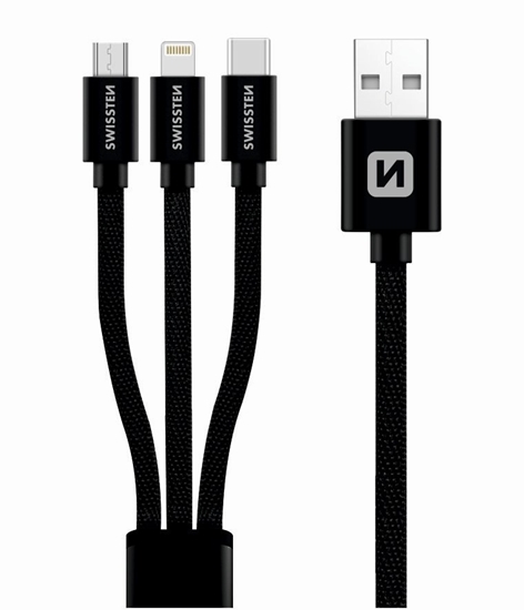 Изображение Swissten Textile Universal 3in1 USB-C / Lightning Data MFI / Micro USB Cable 1.2m Black