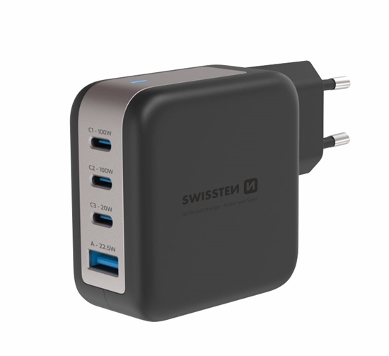 Изображение Swissten Travel Charger GaN 3x USB-C PD 100W / USB-A 18W QC