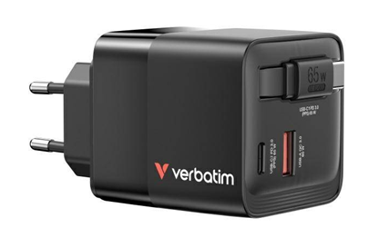 Изображение Verbatim Gan Charger 65W 2xUSB-C PD,1xUSB-A, retrac. Cable  32217