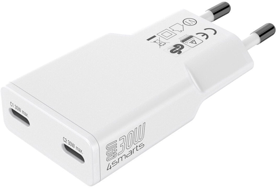 Picture of adowarka sieciowa 4smarts FlatPlug Slim Dual 30W GaN 2xUSB-C biay