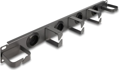 Picture of Delock 19″ Cable Management Routing Panel with 4 rubber cable entries and 5 metal hooks 1U dark grey