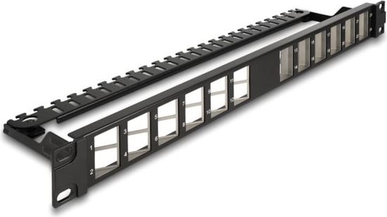 Picture of Delock 19″ Keystone Patch Panel 24 port angled with strain relief black