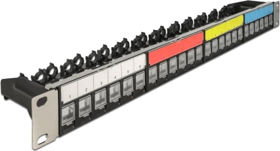 Picture of Delock 19″ Keystone Patch Panel 24 port with cable fixing rail, labelling field and dust protection 1U black