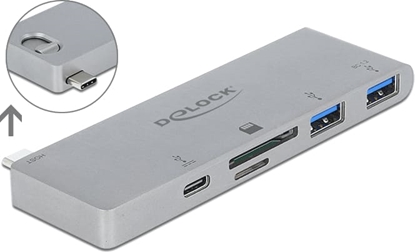 Picture of Delock 3 Port Hub and 2 Slot Card Reader for MacBook with PD 3.0 and retractable USB Type-C™ Connection