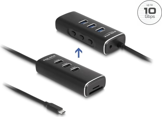 Picture of Delock 3 Port USB 10 Gbps Hub including SD and Micro SD Card Reader with USB Type-C™ connector 60 cm Cable and Switch for each port