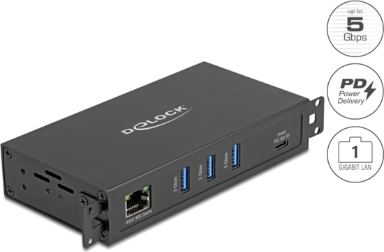 Picture of Delock 3 Port USB 5 Gbps Hub + RJ45 Gigabit LAN PoE++ Port with USB Type-C™ host-connector in metal case and 1.5 kV Isolation