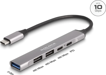 Picture of Delock 4 Port Slim USB Type-C™ Hub with 1 x USB 10 Gbps Type-A + 2 x USB 2.0 Type-A + 1 x USB 2.0 USB Type-C™ and PD 95 W