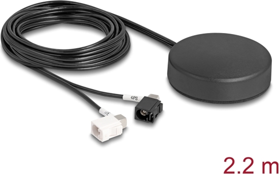 Picture of Delock 4G GNSS Antenna 1 x FAKRA A + 1 x FAKRA B jack 2 dBi / 28 dB 2.2 m RG-174 omnidirectional roof mount black outdoor
