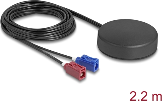 Picture of Delock 4G GNSS Antenna 1 x FAKRA C + 1 x FAKRA D jack 2 dBi / 28 dB 2.2 m RG-174 omnidirectional roof mount black outdoor