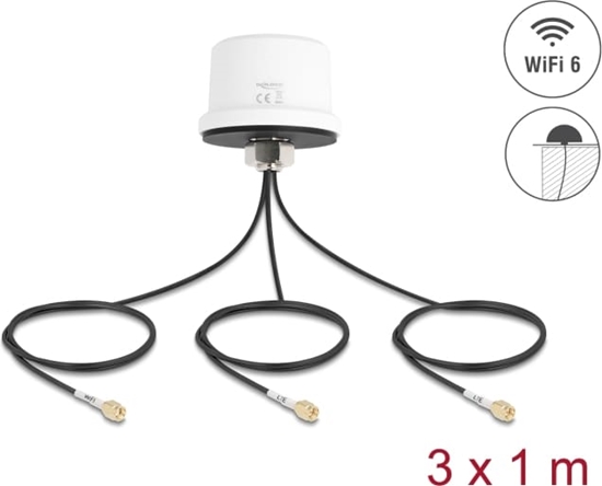 Picture of Delock 4G MIMO Dual Band WiFi 6 Antenna 2 x SMA + 1 x RP-SMA plug ULA100 1 m screw mounting outdoor white