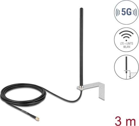 Picture of Delock 5G LTE Antenna SMA plug 3 - 5 dBi omnidirectional fixed with connection cable RG-174, 3 m wall mounting outdoor black