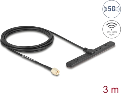 Изображение Delock 5G LTE Antenna SMA plug 3 dBi omnidirectional fixed with connection cable RG-174 3 m adhesive mounting outdoor black