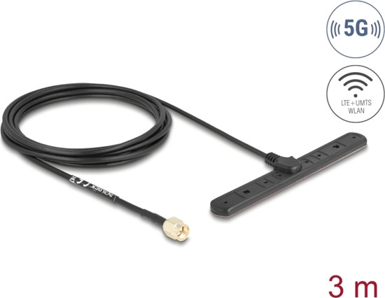 Picture of Delock 5G LTE Antenna SMA plug 3 dBi omnidirectional fixed with connection cable RG-174 3 m adhesive mounting outdoor black