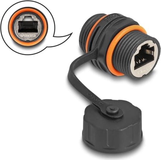 Изображение Delock Cable Connector RJ45 jack to RJ45 jack Cat.6A with M20 thread and protective cap IP68 dust and waterproof