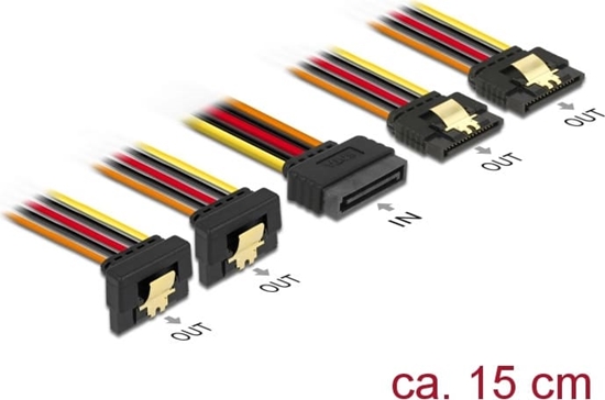 Picture of Delock Cable SATA 15 pin power plug with latching function > SATA 15 pin power receptacle 2 x straight / 2 x down 15 cm
