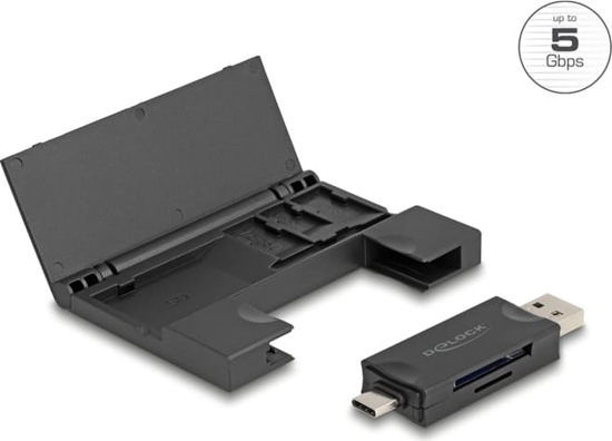 Picture of Delock Card Reader USB 5 Gbps USB Type-C™ / Type-A for SD and Micro SD memory cards with practical memory card case - black