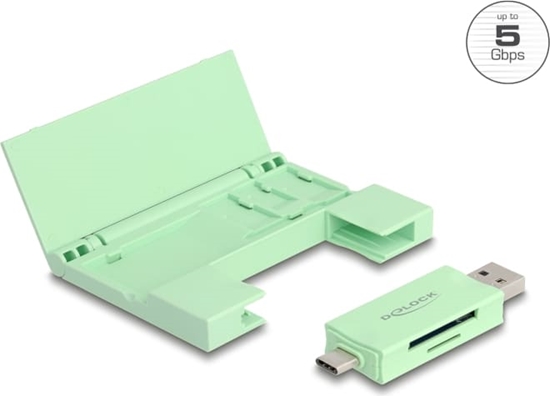 Picture of Delock Card Reader USB 5 Gbps USB Type-C™ / Type-A for SD and Micro SD memory cards with practical memory card case - mint