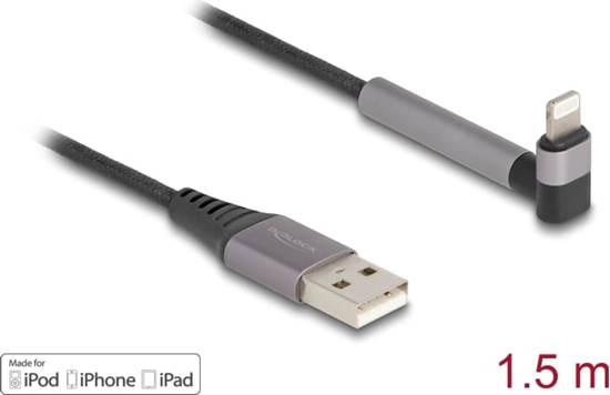 Изображение Delock Data and Charging Cable USB Type-A to Lightning™ for iPhone™, iPad™, iPod™ angled with stand function black 1.5 m MFi