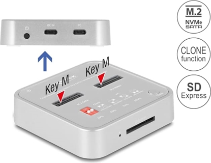 Picture of Delock Docking Station for 1 x M.2 NVMe SSD + 1 x M.2 SATA SSD with SD Express (SD 7.1) Card Reader and Clone Function