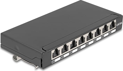 Picture of Delock Mini Desktop Patch Panel RJ45 jack 8 port Cat.6A shielded black - for mounting on a table, wall or DIN rail