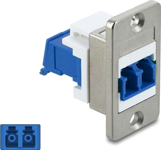 Picture of Delock Panel Mount LC Duplex female to LC Duplex female with laser protection flip inside silver / blue / white