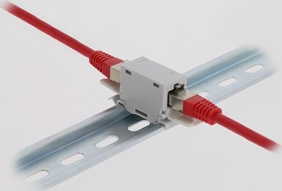 Picture of Delock RJ45 Coupler Cat.6A jack to jack with dust protection cap for DIN rail mounting grey