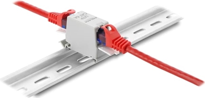 Picture of Delock RJ45 Coupler Cat.6A jack to jack with dust protection cap for DIN rail mounting, unshielded grey / white