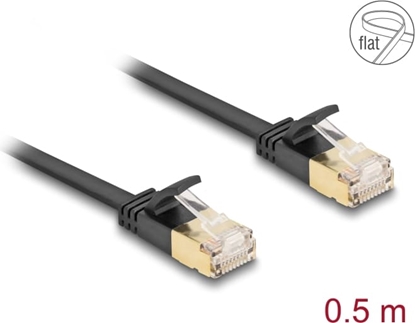 Picture of Delock RJ45 Network Cable Cat.6A plug to plug with robust latch and Cat.7 raw flat cable U/FTP 0.5 m black