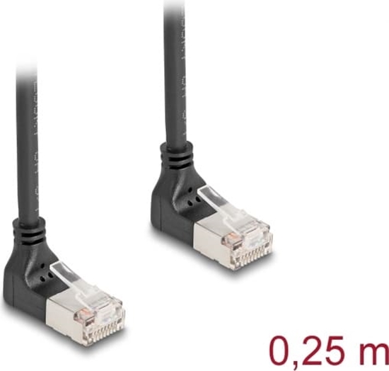 Picture of Delock RJ45 Network Cable Cat.6A S/FTP Slim 90° downwards / downwards angled 0.25 m black