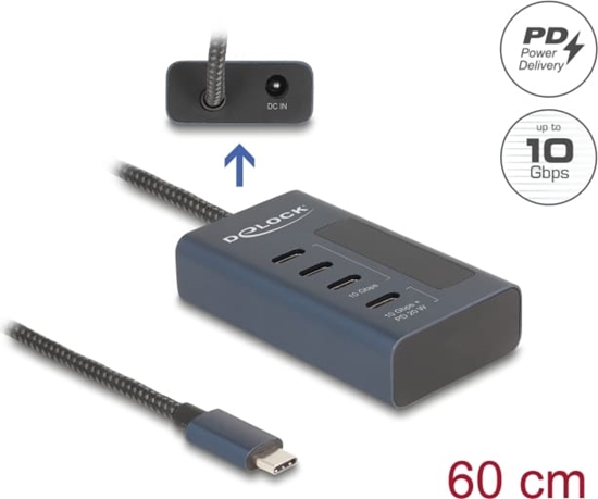 Picture of Delock USB 10 Gbps Hub with 4 USB Type-C™ Ports thereof 3 x Data Port + 1 x Data and PD 20 Watt with power indicator