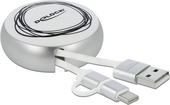 Picture of Delock USB 2 in 1 Retractable Cable Type-A to Micro-B and USB-C™ white / silver