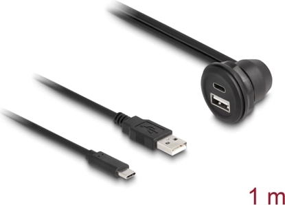 Picture of Delock USB 2.0 Cable USB Type-A male and USB Type-C™ male to USB Type-A female 90° angled and USB Type-C™ female 90° angled for built-in 1 m black