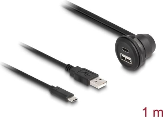 Picture of Delock USB 2.0 Cable USB Type-A male and USB Type-C™ male to USB Type-A female 90° angled and USB Type-C™ female 90° angled for built-in 1 m black