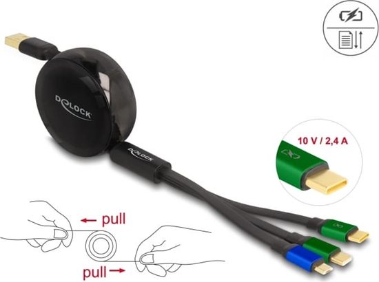 Picture of Delock USB 3 in 1 Retractable Charging Cable for Micro USB / 2 x USB Type-C™ with Fast Charging black