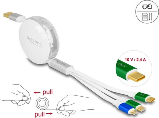 Picture of Delock USB 3 in 1 Retractable Charging Cable Type-A to Micro USB / 2 x USB Type-C™ with Fast Charging white
