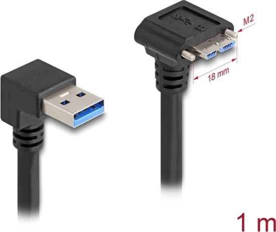 Picture of Delock USB 5 Gbps Cable USB Type-A male 90° downwards angled to USB Micro-B male with screw distance 18 mm 90° downwards angled 1 m black