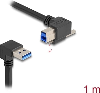 Picture of Delock USB 5 Gbps Cable USB Type-A male 90° downwards angled to USB Type-B male with screw 90° right angled 1 m black