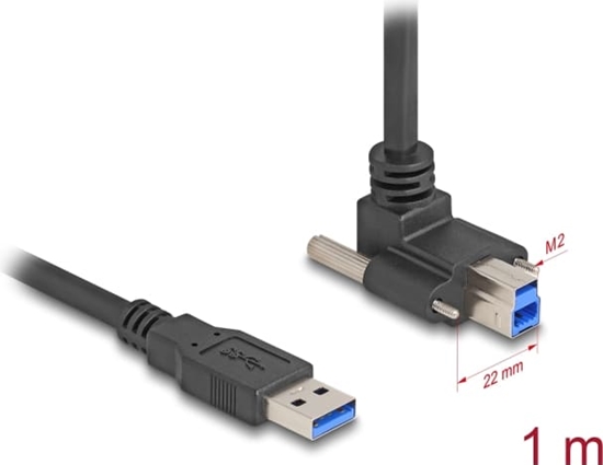 Picture of Delock USB 5 Gbps Cable USB Type-A male straight to USB Type-B male with screw distance 22 mm 90° upwards angled 1 m black