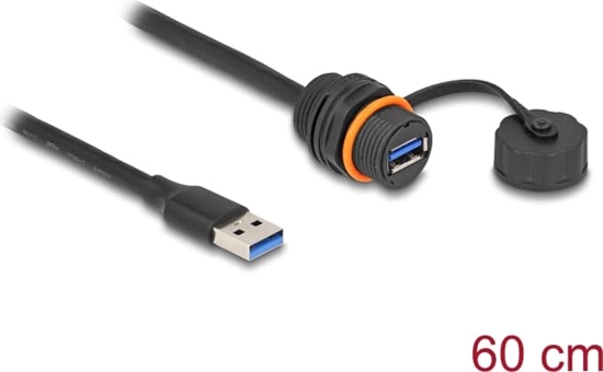Picture of Delock USB 5 Gbps Cable USB Type-A male to USB Type-A female for installation with M20 thread and protective cap IP68 dust and waterproof 60 cm black